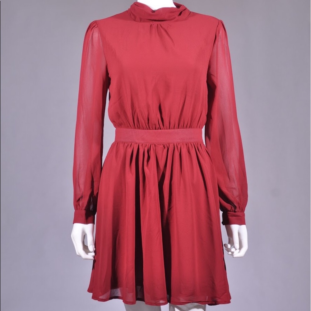 Maroon Wine Burgundy Sheer Bell Sleeve Mini Dress